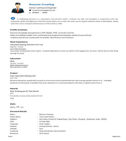 Sidebar resume template preview